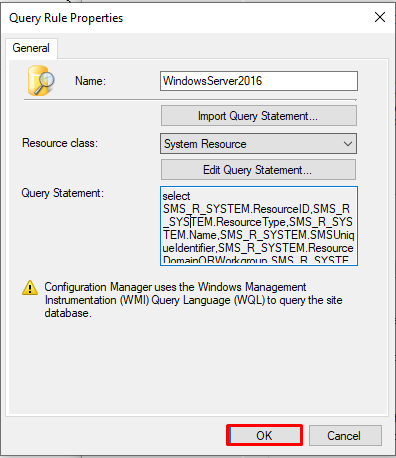 Query Rule Properties 
Resource d ass 
Query Statement 
WindowsServer2016 
Import Query Statement 
System Resource 
Edit Query Statement 
SMS R SYSTEM ResouceID.SMS R 
SYSEM 
ueIdenttfier.SMS R SYSTEMFesource 
Configuration Manager uses the Windows Management 
Instrumentation (WMI) Query Language (WQL) to query the site 
database 